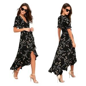 Lulu's Black Floral High-Low Wrap Dress with Ruffle Hem